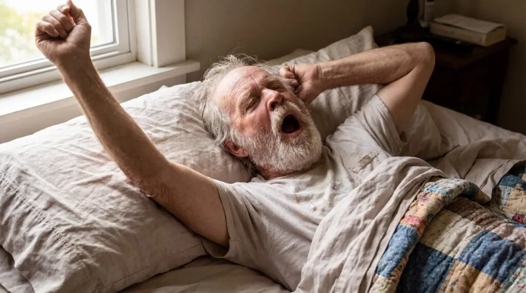 Older man with gray beard stretching in bed after waking, yawning with one arm raised above his head